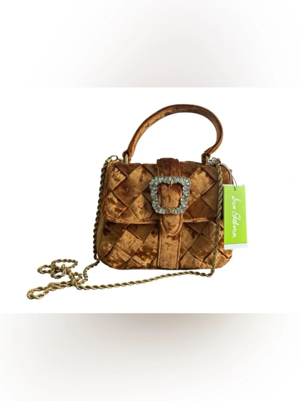Sam Edelman Quilted Metallic Bronze Velvet Satchel with Crystal Buckle
